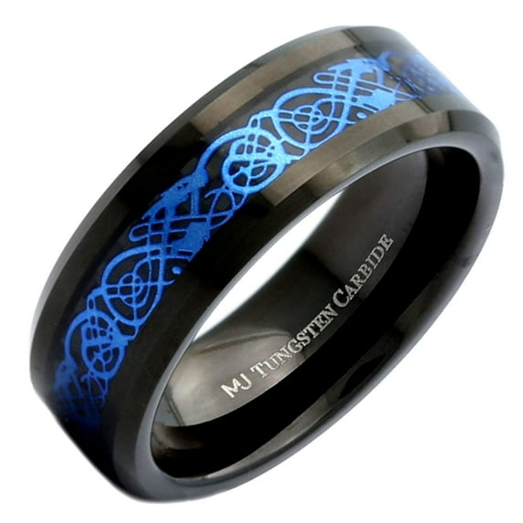 MJ Metals Jewelry Unisex MJ Metals Jewelry 8mm Black Plated Tungsten Carbide Wedding Band Blue Dragon Inlay Ring Size 12
