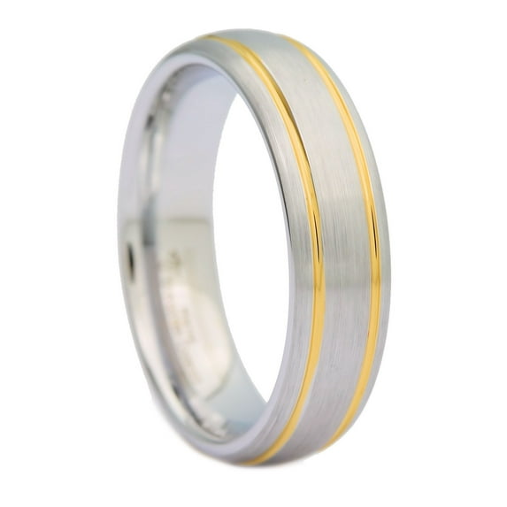 MJ Metals Jewelry Unisex White Tungsten Carbide 6mm Brushed 2 Gold Stripes 6mm Wedding Ring Size 8