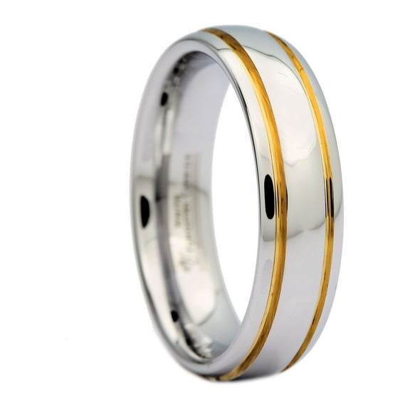 MJ Metals Jewelry Unisex White Tungsten Carbide Polished 2 Gold Stripes Wedding Band 6mm Ring Size 10