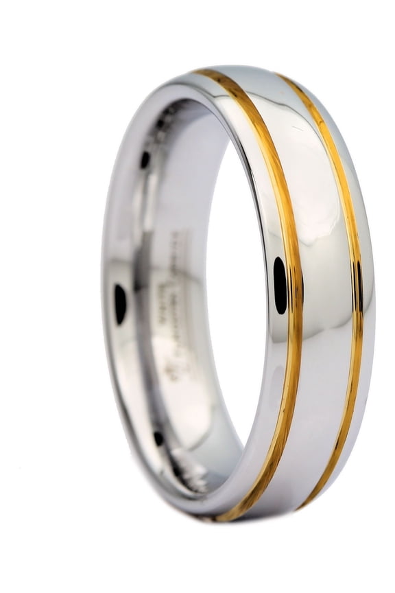 Unisex White Tungsten Carbide Polished 2 Gold Stripes Wedding Band 6mm Ring Size 10