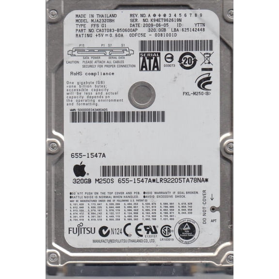 MJA2320BH FFS G1, PN CA07083-B50600AP, Fujitsu 320GB SATA 2.5 Hard Drive