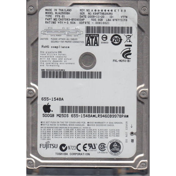 MJA2500BH FFS G1, PN CA07083-B50900AP, Fujitsu 500GB SATA 2.5 Hard Drive