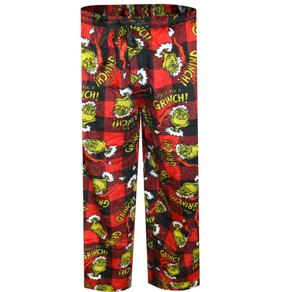 MJC International Mens Dr. Seuss Don't Be A Grinch Red Buffalo Plaid Plush Lounge Pants (Medium)