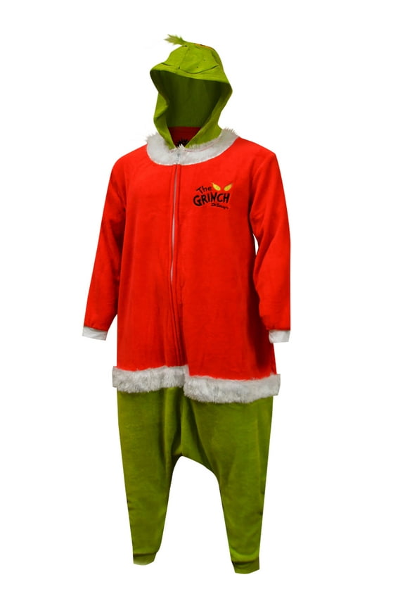 Mens Dr Seuss Santa Claus Grinch Kigarumi Plush One Piece Pajama (Large)