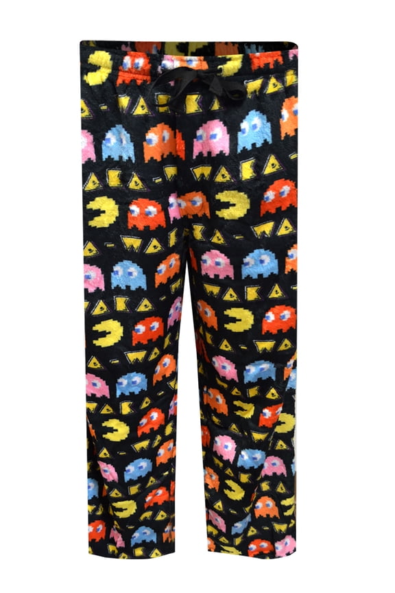 Mens Pacman Waka Waka Chasing Ghosts Black Plush Lounge Pants (Large)