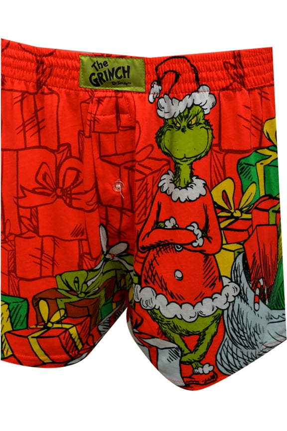 Mens The Grinch Here For The Presents Christmas Boxer Shorts (Large)