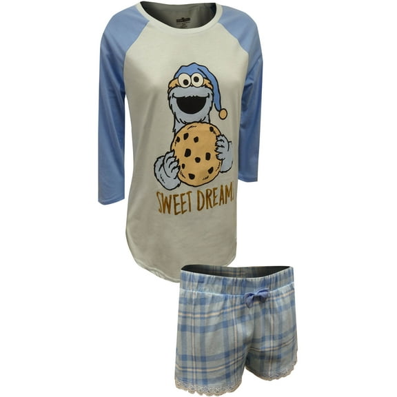 MJC Womens Cookie Monster Blue Lace Trim Shortie Pajama Set (Large)