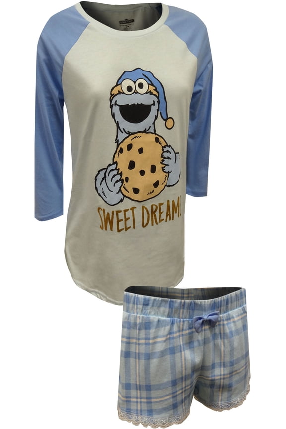 MJC Womens Cookie Monster Blue Lace Trim Shortie Pajama Set (Large)