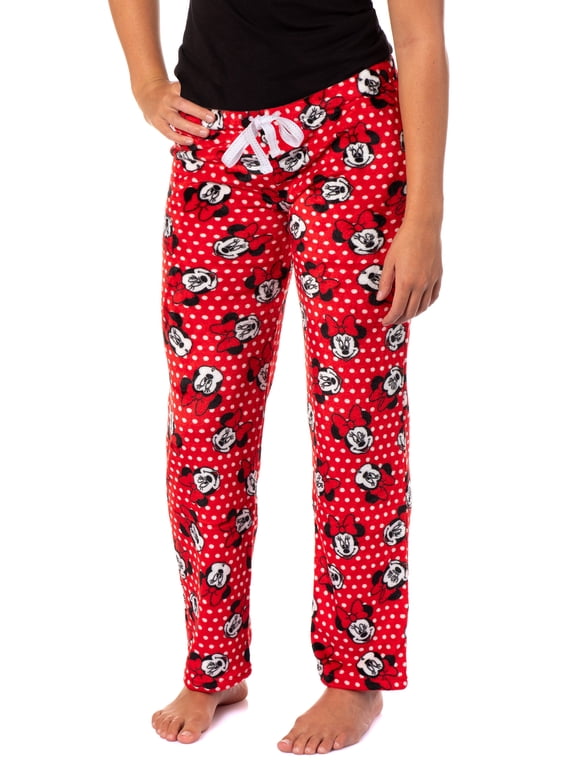 Disney Woman's Minnie Mouse Polka Dot Plush Fleece Pants Junior's Lounge Pajama Pants with Adjustable Elastic Waistband