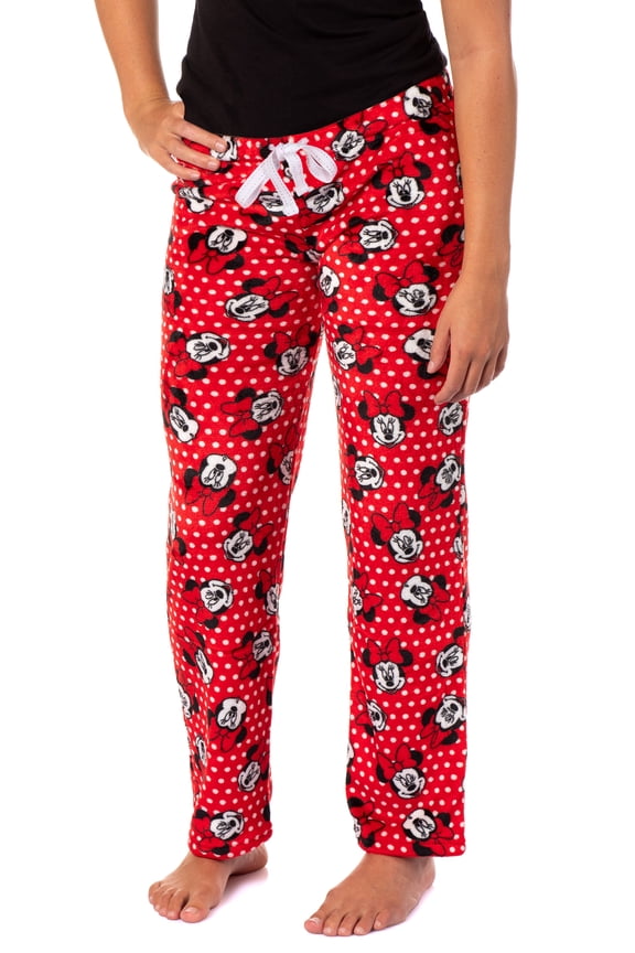 Disney Woman's Minnie Mouse Polka Dot Plush Fleece Pants Junior's Lounge Pajama Pants with Adjustable Elastic Waistband