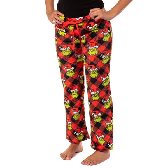 Dr Seuss Woman's The Grinch Buffalo Plaid Plush Fleece Pants Juniors Lounge Pajama Pants w/ Adjustable Elastic Waistband