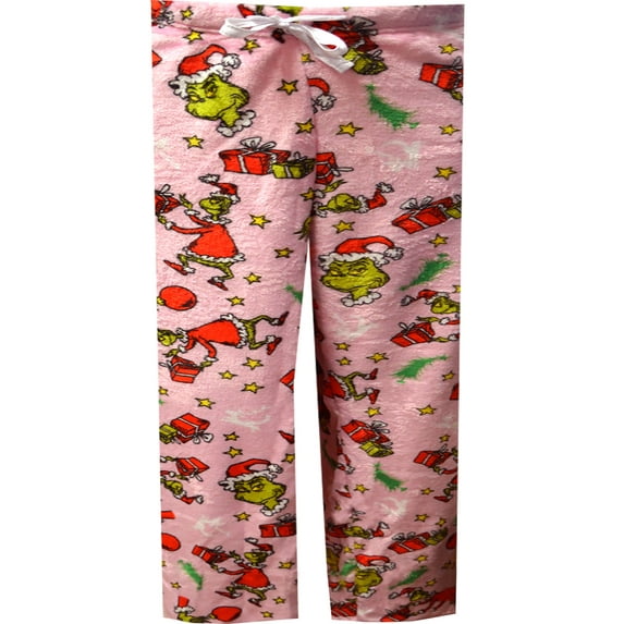 MJC Womens Dr. Seuss the Grinch and Max Pink Plush Lounge Pants (Medium)