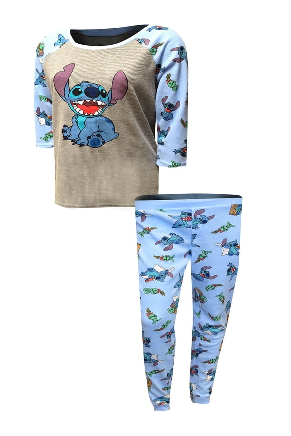 Womens Lilo and Stitch Blue Thermal Waffle Pajama Set