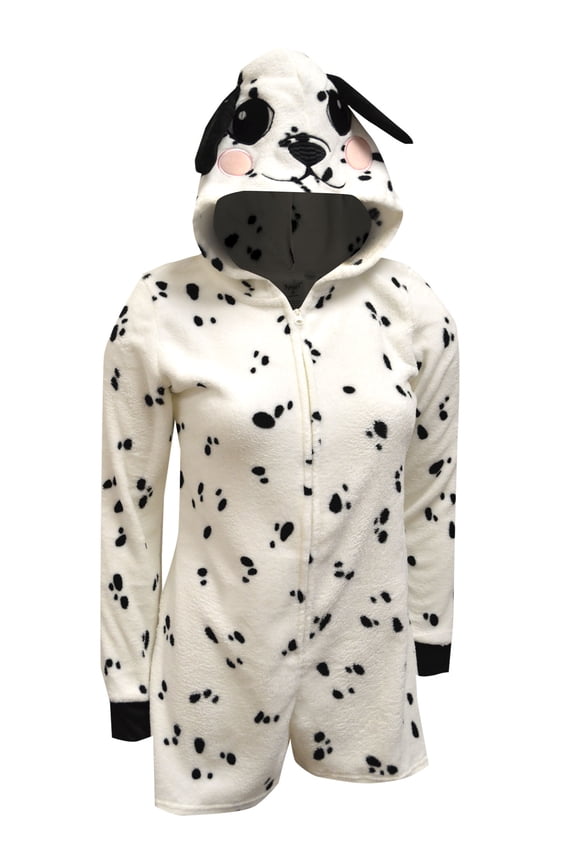 Womens Plush Dalmatian Hooded Romper Onesie Pajama (Small)