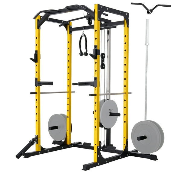 MJDB Power Rack Cage with LAT Pulldown System,1200LBS Capacity Power Rack with 800 lbs Capacity Weight Bench Combo, Multi-Functional Squat Rack (Upgraded)
