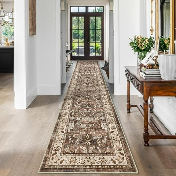MJIAexp 2' x 10' Boho Floral Kitchen Runner Rug Machine Washable Runner Rug Non-Slip Hallway Runner Laundry Rug Throw Carpet for Living Room Bedroom Dining Room Entryway Kitchen Brown