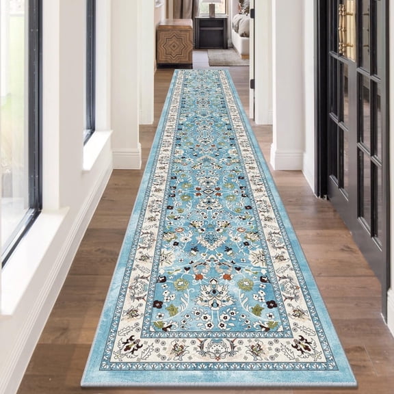 MJIAexp 2' x 12' Boho Floral Kitchen Runner Rug Machine Washable Runner Rug Non-Slip Hallway Runner Laundry Rug Throw Carpet for Living Room Bedroom Dining Room Entryway Kitchen Blue