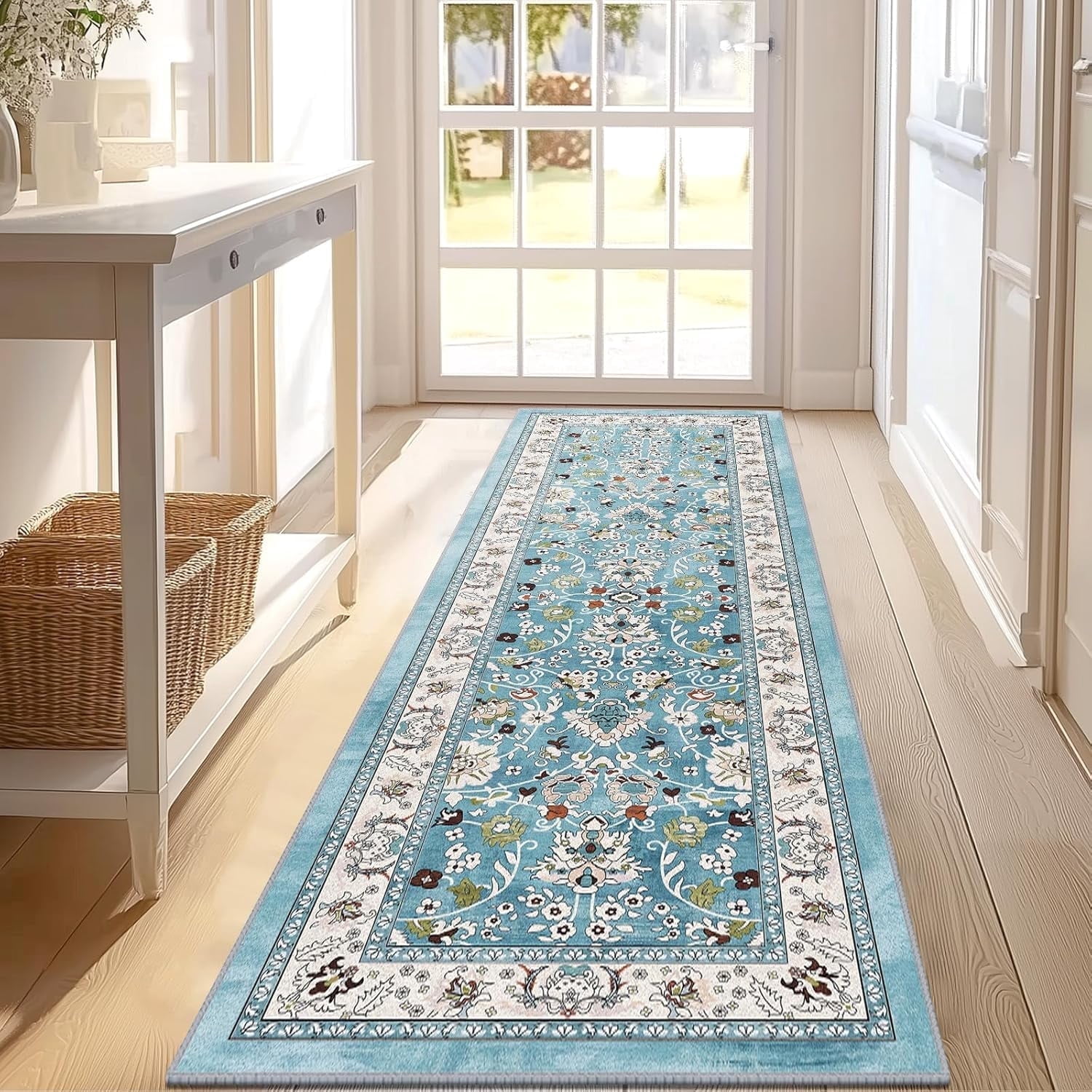 MJIAexp 2' x 6' Boho Floral Kitchen Runner Rug Machine Washable Runner Rug Non-Slip Hallway Runner Laundry Rug Throw Carpet for Living Room Bedroom Dining Room Entryway Kitchen Blue