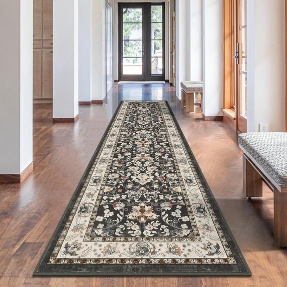 MJIAexp 2' x 8' Boho Floral Kitchen Runner Rug Machine Washable Runner Rug Non-Slip Hallway Runner Laundry Rug Throw Carpet for Living Room Bedroom Dining Room Entryway Kitchen Black