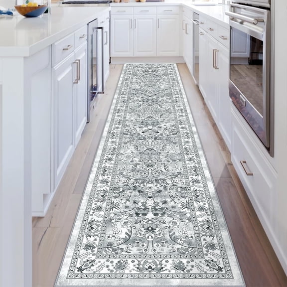 MJIAexp 2'x10' Boho Floral Kitchen Runner Rug Machine Washable Runner Rug Non-Slip Rubberback Hallway Runner Laundry Rug Throw Carpet for Living Room Bedroom Dining Room Entryway Kitchen Light Gray