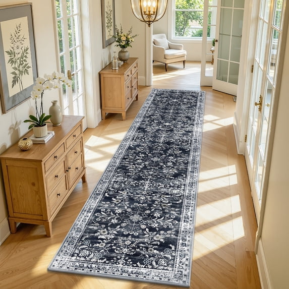 MJIAexp 2'x10' Boho Runner Rug,Non Slip Washable Floral Hallway Runner Rug with Rubber Backing, Low Pile Faux Wool Distressed Carpet for Kitchen, Laundry, Bedroom, Entrance,Black