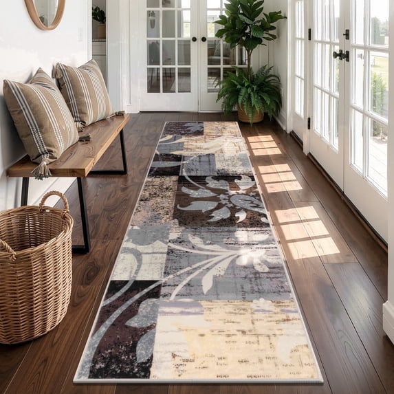 MJIAexp 2'x8' Boho Floral Kitchen Runner Rug Machine Washable Runner Rug Non-Slip Rubberback Hallway Runner Laundry Rug Throw Carpet for Living Room Dining Room Entryway Hallway Kitchen Gray Brown