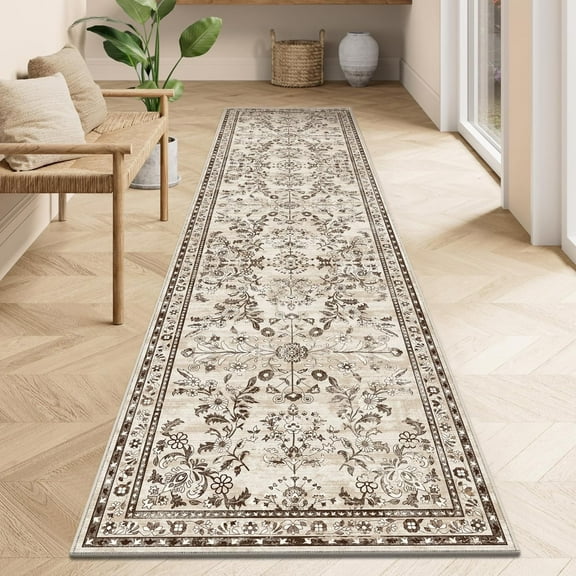 MJIAexp 2'x12' Boho Runner Rug,Non Slip Washable Floral Hallway Runner Rug with Rubber Backing, Low Pile Faux Wool Distressed Carpet for Kitchen, Laundry, Bedroom, Entrance,Brown