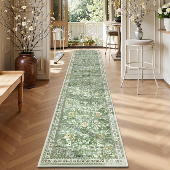 MJIAexp 2'x12' Boho Runner Rug,Non Slip Washable Floral Hallway Runner Rug with Rubber Backing, Low Pile Faux Wool Distressed Carpet for Kitchen, Laundry, Bedroom, Entrance,Green