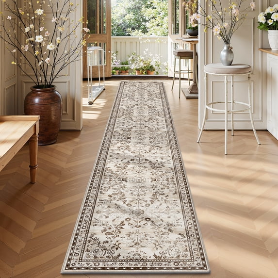 MJIAexp 2'x12' Boho Runner Rug,Non Slip Washable Floral Hallway Runner Rug with Rubber Backing, Low Pile Faux Wool Distressed Carpet for Kitchen, Laundry, Bedroom, Entrance,Brown