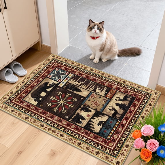 MJIAexp 2'x3' Area Rug Washable Entry Door Rug, Vintage Western Bear Deer Decor Indoor Carpet Rugs, Non Slip Soft Low Pile Area Carpet for Entryway Bedroom Festive Decor