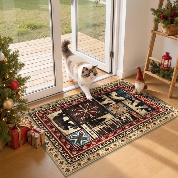 MJIAexp 2'x3' Christmas Area Rug Washable Entry Door Rug, Vintage Western Bear Deer Decor Indoor Carpet Rugs, Non Slip Soft Low Pile Area Carpet for Entryway Bedroom Festive Decor