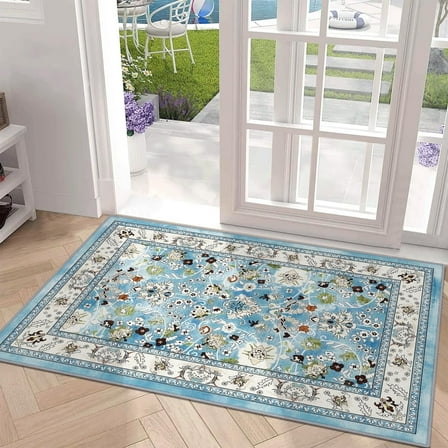 MJIAexp 2'x3' Moroccan Bedroom Rug Washable Vintage Boho Area Rug Non-Slip Accent Throw Rug Stain Resistant Floor Carpet for Kitchen Entryway Bathroom Living Room Office Floral Blue