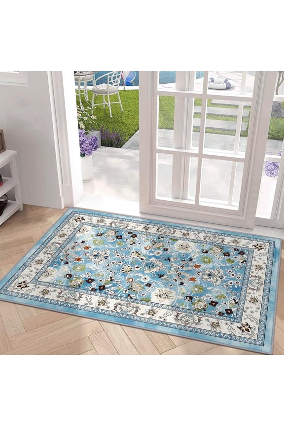2'x3' Moroccan Bedroom Rug Washable Vintage Boho Area Rug Non-Slip Accent Throw Rug Stain Resistant Floor Carpet for Kitchen Entryway Bathroom Living Room Office Floral Blue