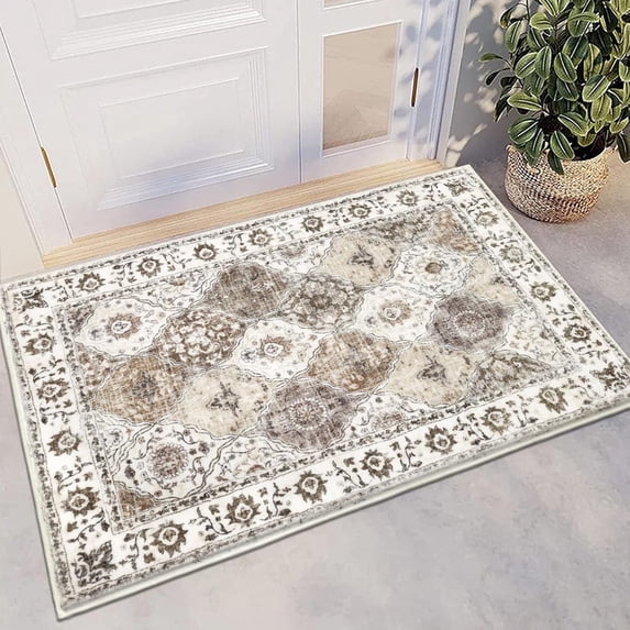 MJIAexp 2'x3' Moroccan Bedroom Rug Washable Vintage Boho Area Rug Non-Slip Accent Throw Rug Stain Resistant Floor Carpet for Kitchen Entryway Bathroom Living Room Office Boho Beige