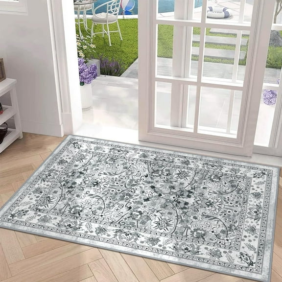 MJIAexp 2'x3' Moroccan Bedroom Rug Washable Vintage Boho Area Rug Non-Slip Accent Throw Rug Stain Resistant Floor Carpet for Kitchen Entryway Bathroom Living Room Office Floral Gray