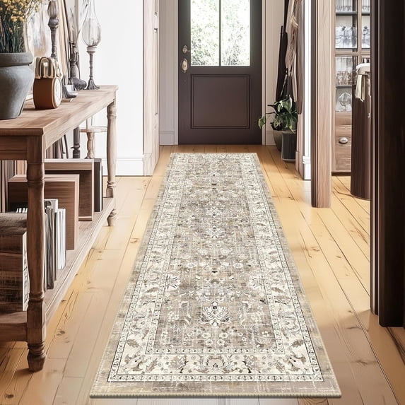 MJIAexp 2'x5' Boho Floral Kitchen Runner Rug Machine Washable Runner Rug Non-Slip Rubber back Hallway Runner Laundry Rug Throw Carpet for Living Room Bedroom Dining Room Entryway Kitchen Beige