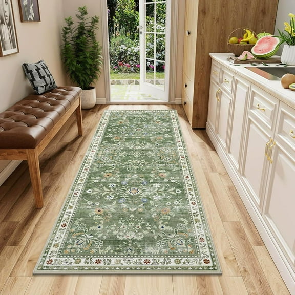MJIAexp 2'x5' Boho Runner Rug,Non Slip Washable Floral Hallway Runner Rug with Rubber Backing, Low Pile Faux Wool Distressed Carpet for Kitchen, Laundry, Bedroom, Entrance,Green