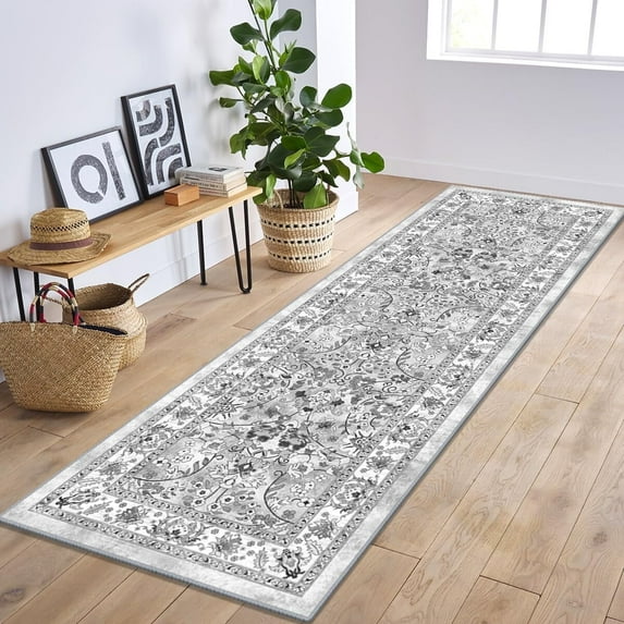 MJIAexp 2'x6' Boho Floral Kitchen Runner Rug Machine Washable Runner Rug Non-Slip Rubber back Hallway Runner Laundry Rug Throw Carpet for Living Room Bedroom Dining Room Entryway Kitchen Light Gray