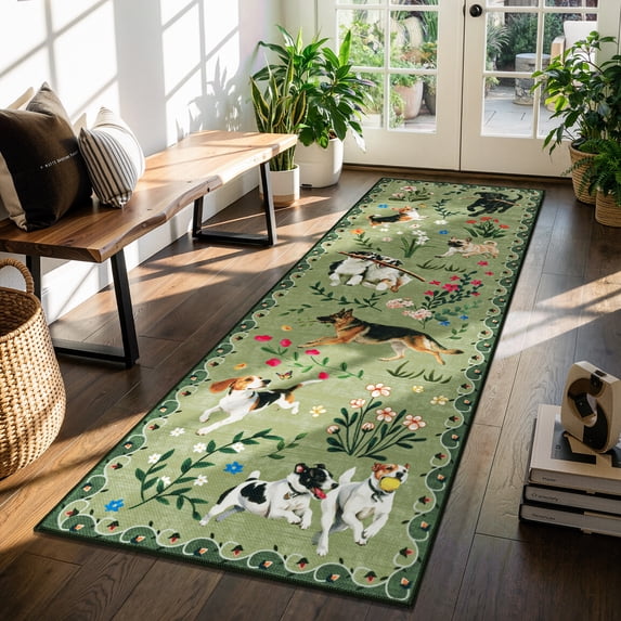 MJIAexp 2'x6' Jute Animal Dog Floral Kitchen Runner Rug,Woven Texture Machine Washable Runner Rug Non-Slip Rubberback Hallway Runner Laundry Rug Throw Carpet for Living Room Bedroom Dining Room Entry