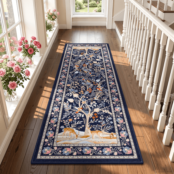 MJIAexp 2'x6' Boho Floral Runner Rug,Non Slip Washable Floral Hallway Runner Rug with Rubber Backing, Low Pile Faux Wool Carpet for Kitchen, Laundry, Bedroom, Entrance