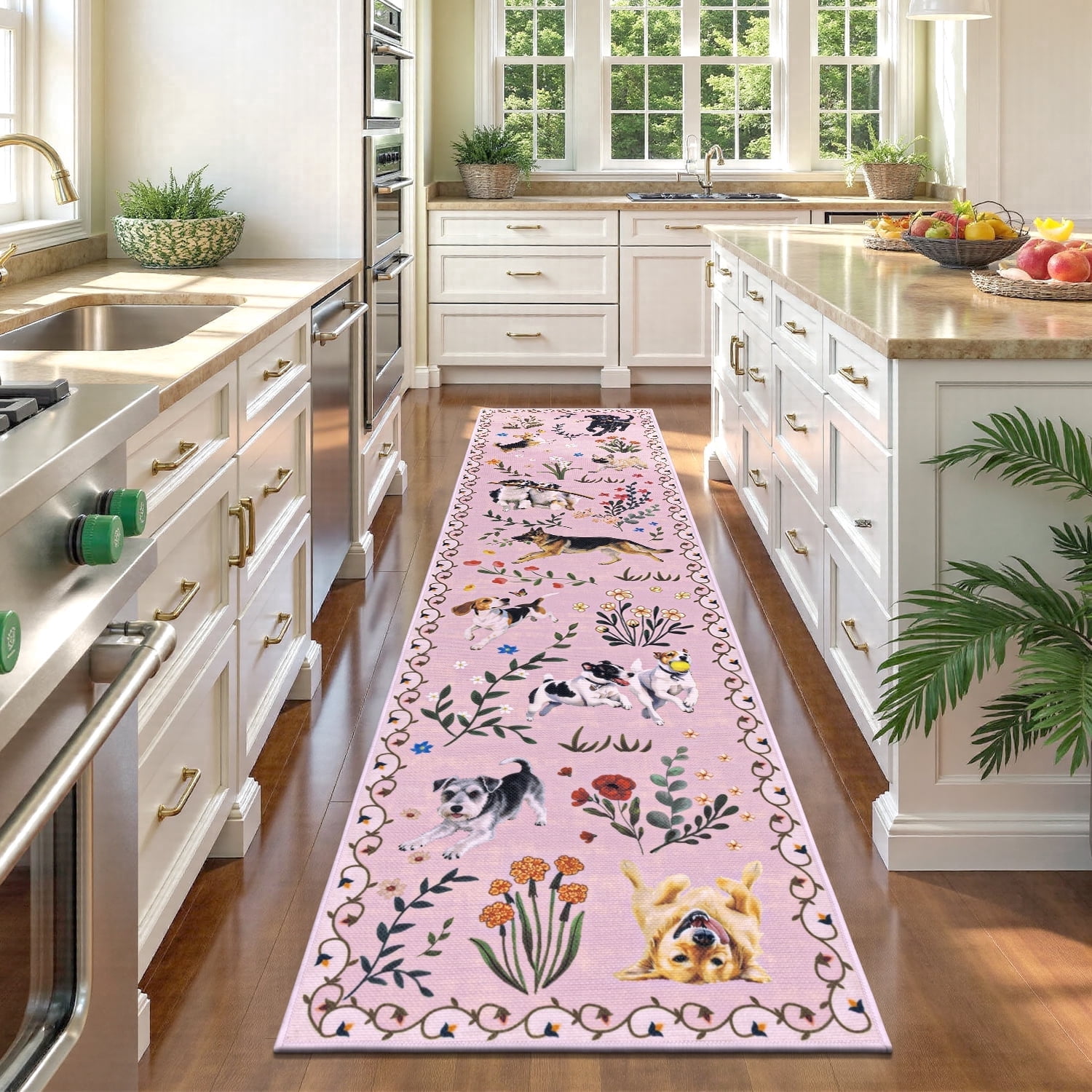 MJIAexp 2'x8' Jute Animal Dog Floral Kitchen Runner Rug,Woven Texture Machine Washable Runner Rug Non-Slip Rubberback Hallway Runner Laundry Rug Throw Carpet for Living Room Bedroom Dining Room Entry