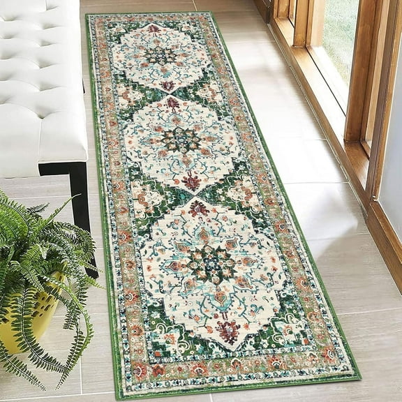 MJIAexp 2'x6' Boho Kitchen Runner Rug Indoor Machine Washable Hallway Runner Rug Non-Slip Entryway Runner Laundry Rug Throw Carpet for Living Room Bedroom Dining Room Hallway Kitchen Vintage Green