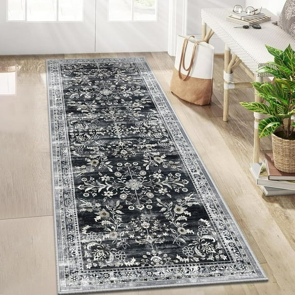MJIAexp 2'x6' Boho Runner Rug,Non Slip Washable Floral Hallway Runner Rug with Rubber Backing, Low Pile Faux Wool Distressed Carpet for Kitchen, Laundry, Bedroom, Entrance,Black