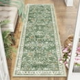 thumbnail image 1 of MJIAexp 2'x6' Boho Runner Rug,Non Slip Washable Floral Hallway Runner Rug with Rubber Backing, Low Pile Faux Wool Distressed Carpet for Kitchen, Laundry, Bedroom, Entrance,Green, 1 of 8