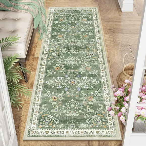 MJIAexp 2'x6' Boho Runner Rug,Non Slip Washable Floral Hallway Runner Rug with Rubber Backing, Low Pile Faux Wool Distressed Carpet for Kitchen, Laundry, Bedroom, Entrance,Green