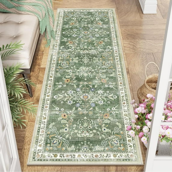 MJIAexp 2'x6' Boho Runner Rug,Non Slip Washable Floral Hallway Runner Rug with Rubber Backing, Low Pile Faux Wool Distressed Carpet for Kitchen, Laundry, Bedroom, Entrance,Green