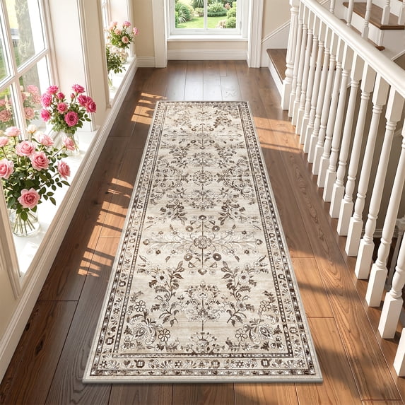 MJIAexp 2'x6' Boho Runner Rug,Non Slip Washable Floral Hallway Runner Rug with Rubber Backing, Low Pile Faux Wool Distressed Carpet for Kitchen, Laundry, Bedroom, Entrance,Brown