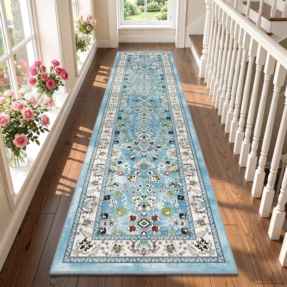 MJIAexp 2'x8' Boho Floral Kitchen Runner Rug Machine Washable Runner Rug Non-Slip Rubberback Hallway Runner Laundry Rug Throw Carpet for Living Room Bedroom Dining Room Entryway Kitchen Blue