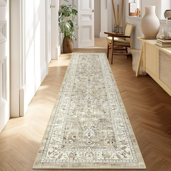 MJIAexp 2'x8' Boho Floral Kitchen Runner Rug Machine Washable Runner Rug Non-Slip Rubberback Hallway Runner Laundry Rug Throw Carpet for Living Room Bedroom Dining Room Entryway Kitchen Beige