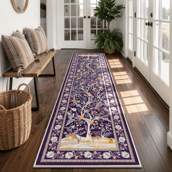 MJIAexp 2'x8' Boho Floral Runner Rug,Non Slip Washable Floral Hallway Runner Rug with Rubber Backing, Low Pile Faux Wool Carpet for Kitchen, Laundry, Bedroom, Entrance